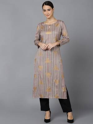 women grey cotton striped printed straight kurta 1