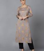 women grey cotton striped printed straight kurta