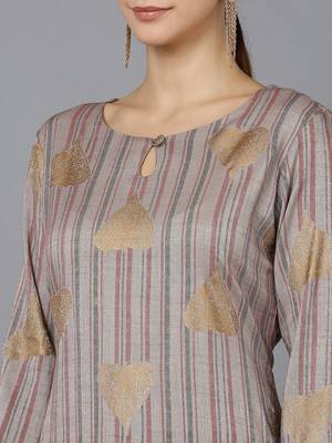 women grey cotton striped printed straight kurta 2