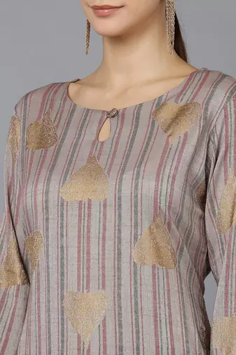 women grey cotton striped printed straight kurta