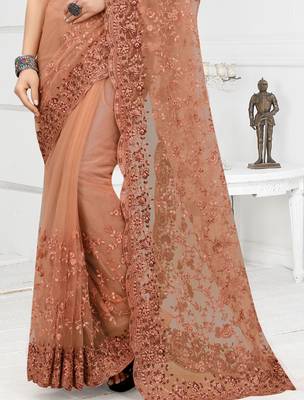 Embroidered Net Scalloped Peach Saree With Matching Blouse Piece 2