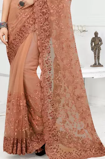 Embroidered Net Scalloped Peach Saree With Matching Blouse Piece