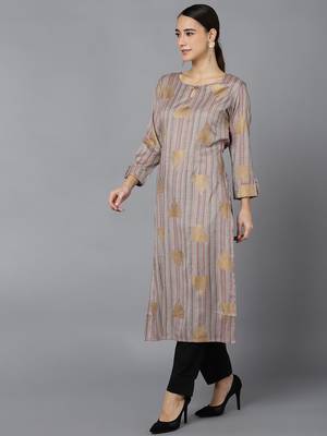 women grey cotton striped printed straight kurta 3