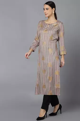 women grey cotton striped printed straight kurta