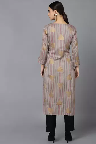 women grey cotton striped printed straight kurta