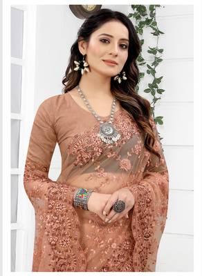 Embroidered Net Scalloped Peach Saree With Matching Blouse Piece 3