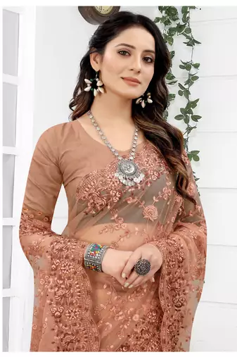 Embroidered Net Scalloped Peach Saree With Matching Blouse Piece