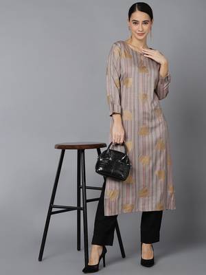 women grey cotton striped printed straight kurta 5