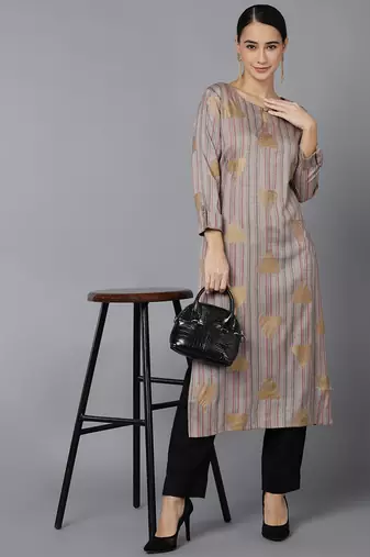 women grey cotton striped printed straight kurta