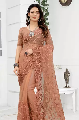 Embroidered Net Scalloped Peach Saree With Matching Blouse Piece