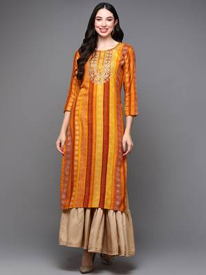 women yellow viscose rayon bandhani embroidered straight kurta 1