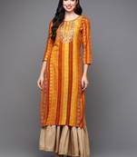 women yellow viscose rayon bandhani embroidered straight kurta