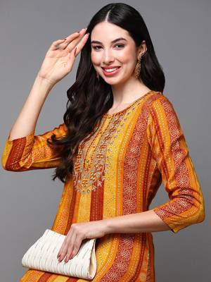 women yellow viscose rayon bandhani embroidered straight kurta 2