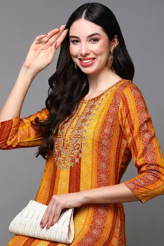 women yellow viscose rayon bandhani embroidered straight kurta