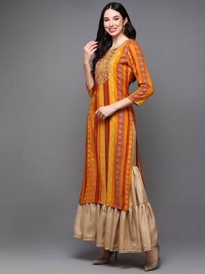 women yellow viscose rayon bandhani embroidered straight kurta 3