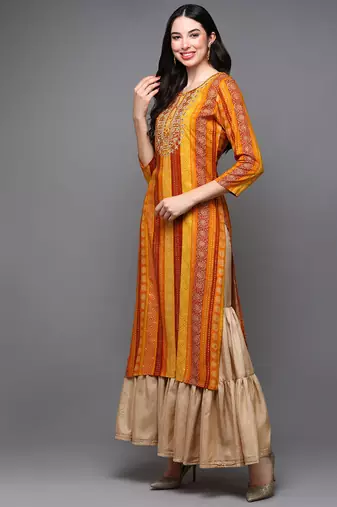 women yellow viscose rayon bandhani embroidered straight kurta