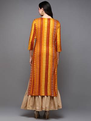 women yellow viscose rayon bandhani embroidered straight kurta 4