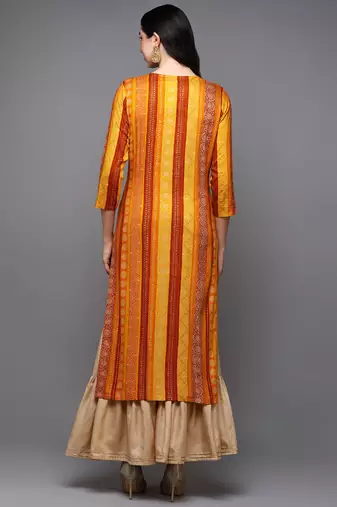 women yellow viscose rayon bandhani embroidered straight kurta