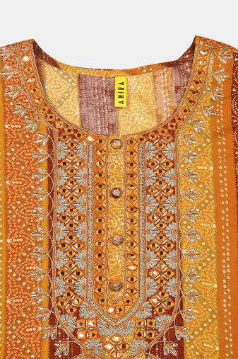 women yellow viscose rayon bandhani embroidered straight kurta