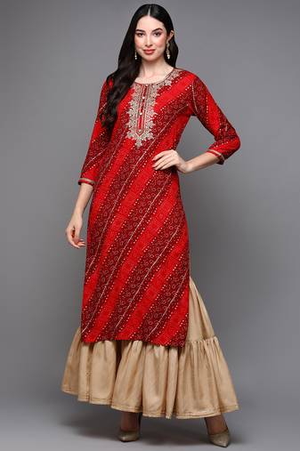 women red viscose rayon bandhani embroidered straight kurta