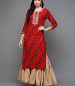 women red viscose rayon bandhani embroidered straight kurta