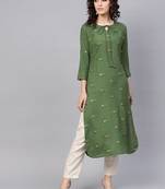 women green cotton floral printed straight kurta