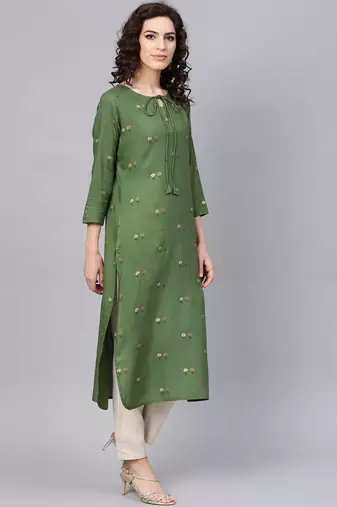 women green cotton floral printed straight kurta