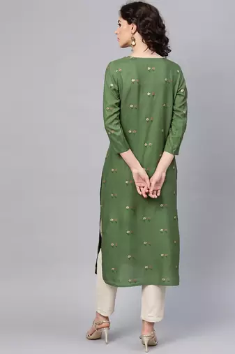women green cotton floral printed straight kurta