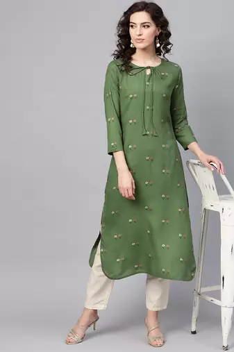 women green cotton floral printed straight kurta