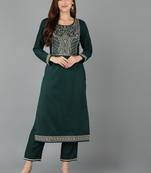 women green silk blend solid embroidered straight kurta