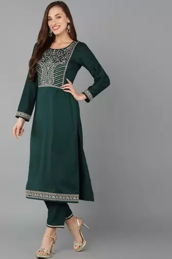 women green silk blend solid embroidered straight kurta