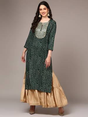 women green viscose rayon bandhani embroidered straight kurta 1