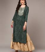 women green viscose rayon bandhani embroidered straight kurta