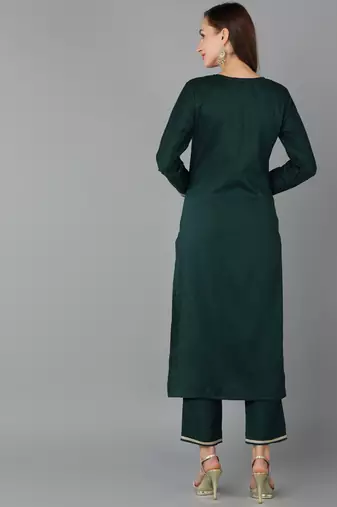 women green silk blend solid embroidered straight kurta