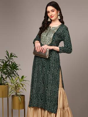 women green viscose rayon bandhani embroidered straight kurta 2