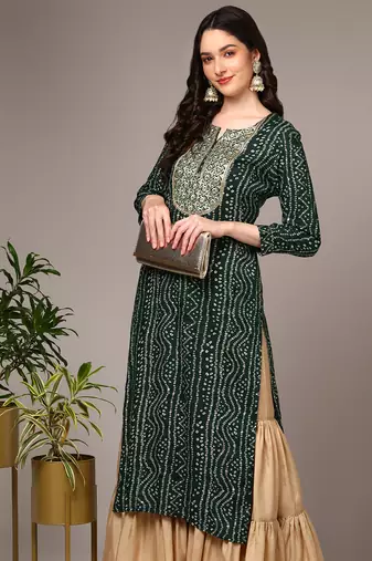 women green viscose rayon bandhani embroidered straight kurta