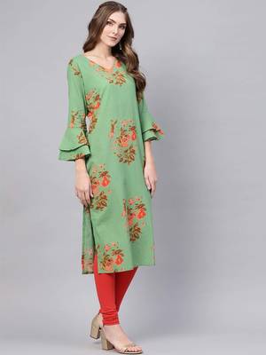 women green cotton floral printed straight kurta 1