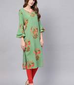 women green cotton floral printed straight kurta