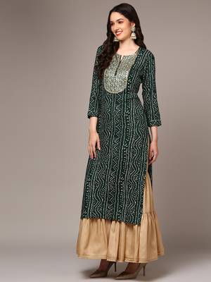 women green viscose rayon bandhani embroidered straight kurta 3