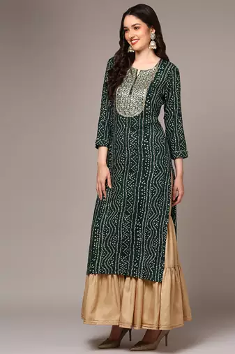 women green viscose rayon bandhani embroidered straight kurta