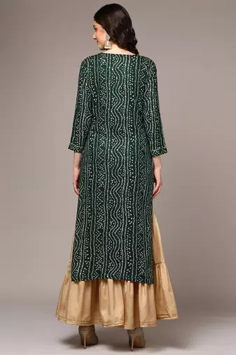 women green viscose rayon bandhani embroidered straight kurta