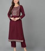 women maroon silk blend solid embroidered straight kurta