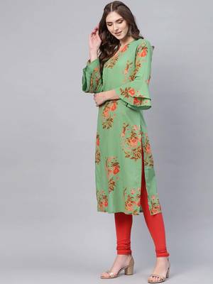 women green cotton floral printed straight kurta 3
