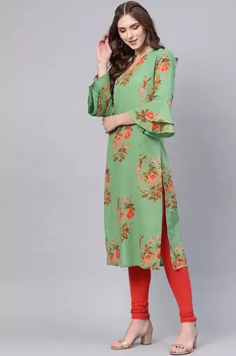 women green cotton floral printed straight kurta