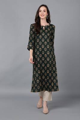women green silk blend ethnic motifs printed straight kurta 1