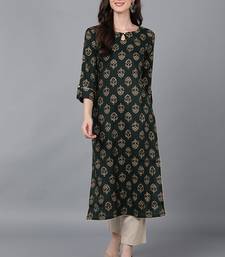 women green silk blend ethnic motifs printed straight kurta