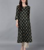 women green silk blend ethnic motifs printed straight kurta