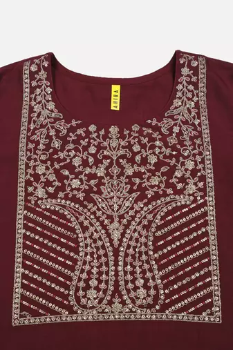 women maroon silk blend solid embroidered straight kurta