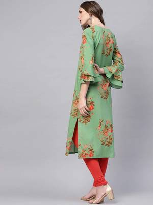 women green cotton floral printed straight kurta 4