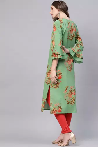women green cotton floral printed straight kurta